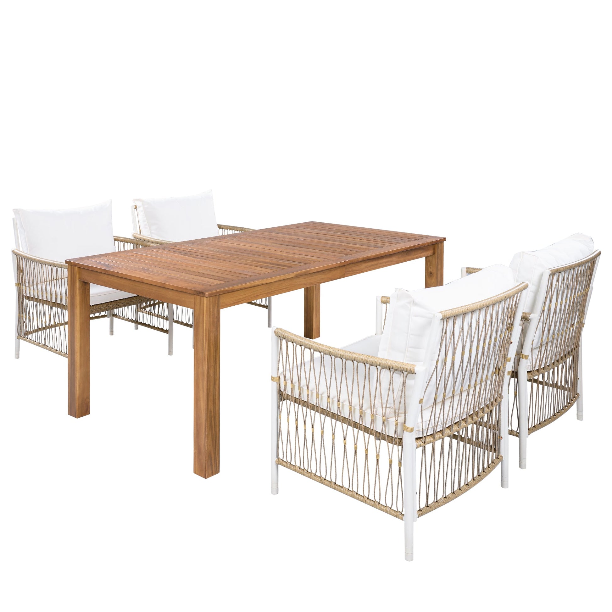 Acacia Outdoor Dining Set — 5-piece with 67-inch acacia wood table and four cushioned rattan chairs