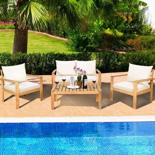 Acacia Wood 4-Piece Outdoor Chat Set, Teak Finish with Cushions