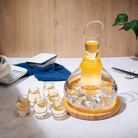 Sake Carafe Set with 6 Glasses and Wooden Coaster