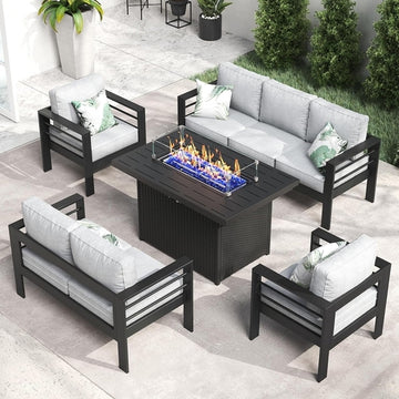 Aluminum 5 Piece Patio Set with 55,000 BTU Fire Pit Table