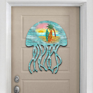 Coastal Jellyfish Wooden Door Hanger, UV-Coated Wall Decor