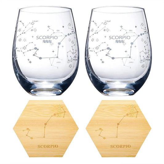 Set of 2 Zodiac Wine Glasses with 2 Wooden Coasters