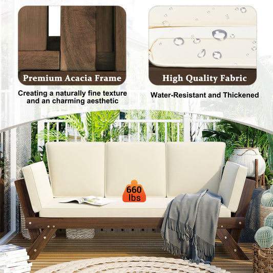 Adjustable Acacia Wood Daybed Sofa, Beige