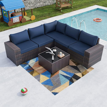 Navy Blue 6-Piece Outdoor Sectional Sofa Set with PE Rattan