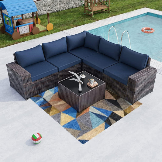 Navy Blue 6-Piece Outdoor Sectional Sofa Set with PE Rattan