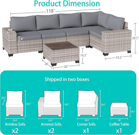 6-Piece Outdoor Wicker Patio Sectional Set with Grey Cushions