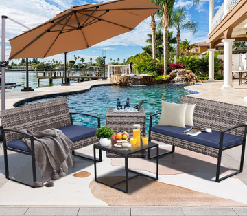 4-Piece Wicker Patio Set with Cooler Storage — Grey-Blue