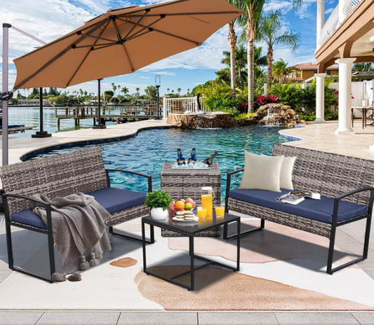 4-Piece Wicker Patio Set with Cooler Storage — Grey-Blue