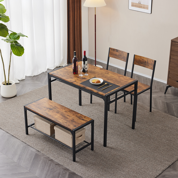 Rustic Brown 4-Piece Dining Set with Table, Bench & 2 Chairs