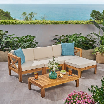5-Piece Acacia Wood Outdoor L-Shaped Sofa Set with Ottoman