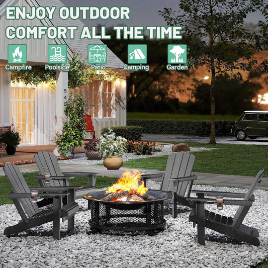 HDPE Folding Adirondack Chairs with Cup Holders, Set of 2 — Gray