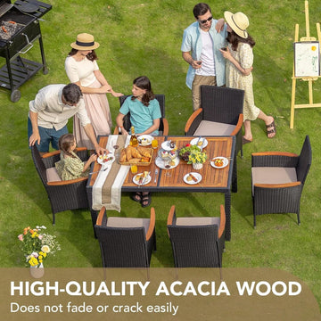 7-Piece Patio Dining Set, Acacia Wood Table & Black Rattan Chairs