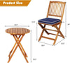 Patio Bistro Set With Wood Table And Navy Cushioned Chairs