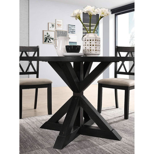 Round Black Oak Veneer Dining Table with Cross-Buck Pedestal Base