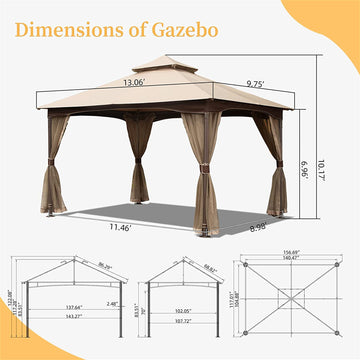 10' x 13' Double-Roof Gazebo with Mosquito Netting, Khaki