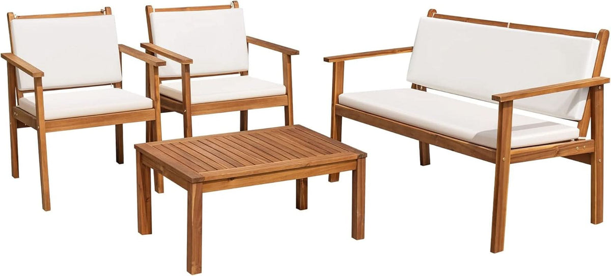 Acacia Wood 4 Piece Patio Conversation Set With Cushions-2