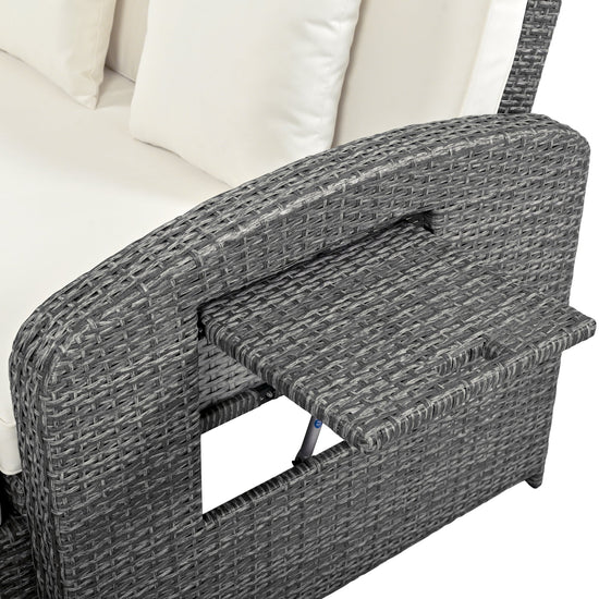 Wicker Double Chaise Lounge — two-person reclining wicker loungers with cushions and middle table