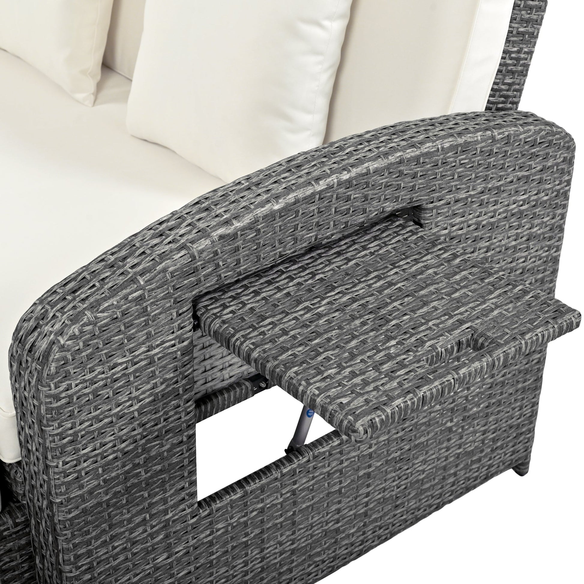 Wicker Double Chaise Lounge — two-person reclining wicker loungers with cushions and middle table