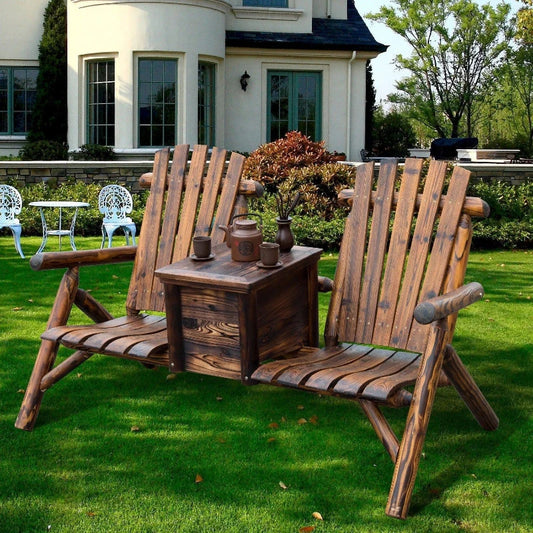 Double Adirondack Loveseat with Built-In Ice Bucket, Rustic Brown