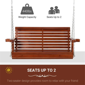 Two-Seater Fir Wood Patio Swing Bench, Brown