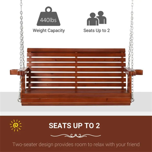 Two-Seater Fir Wood Patio Swing Bench, Brown