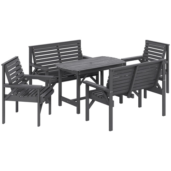 Wooden Garden Dining Set For 6 — Table, 2 Armchairs, 2 Loveseats, Umbrella Hole