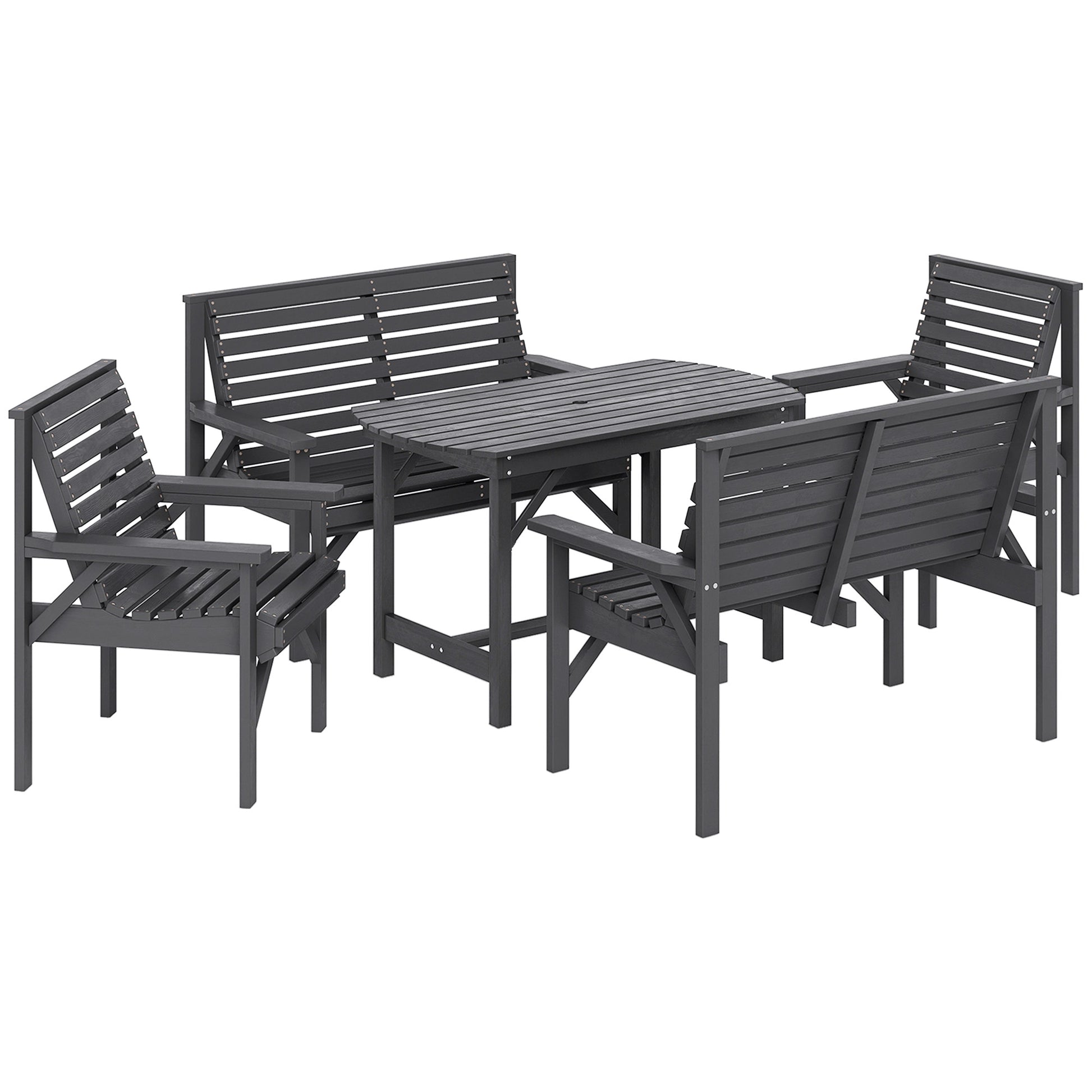 Wooden Garden Dining Set For 6 — Table, 2 Armchairs, 2 Loveseats, Umbrella Hole