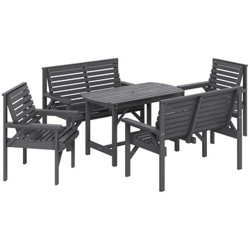 Wooden Garden Dining Set For 6 — Table, 2 Armchairs, 2 Loveseats, Umbrella Hole