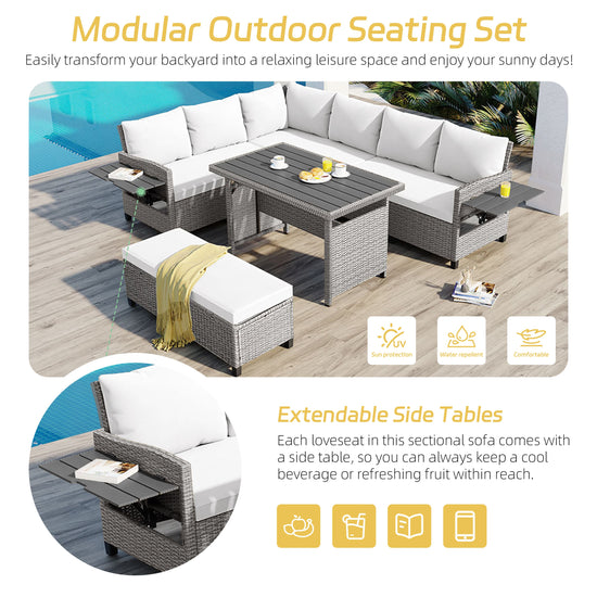 Rattan L-Shaped Patio Sectional — 5-piece outdoor wicker sectional sofa set with cushions