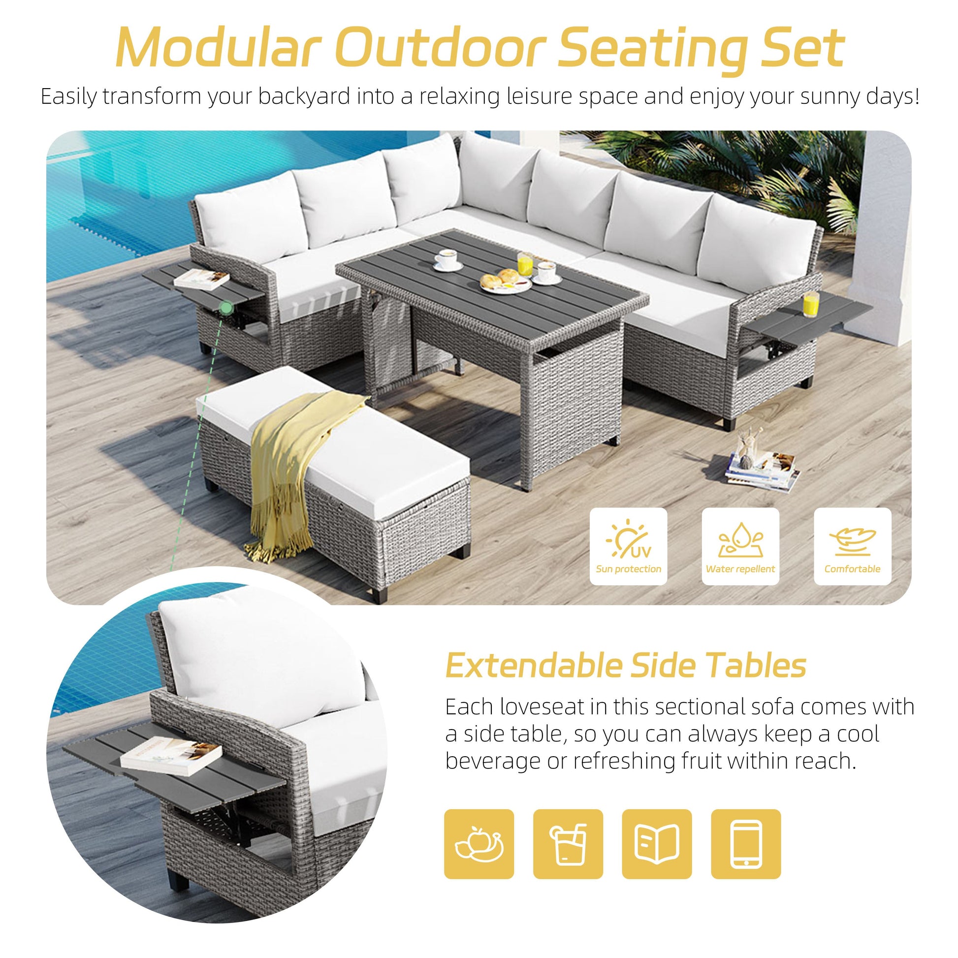 Rattan L-Shaped Patio Sectional — 5-piece outdoor wicker sectional sofa set with cushions