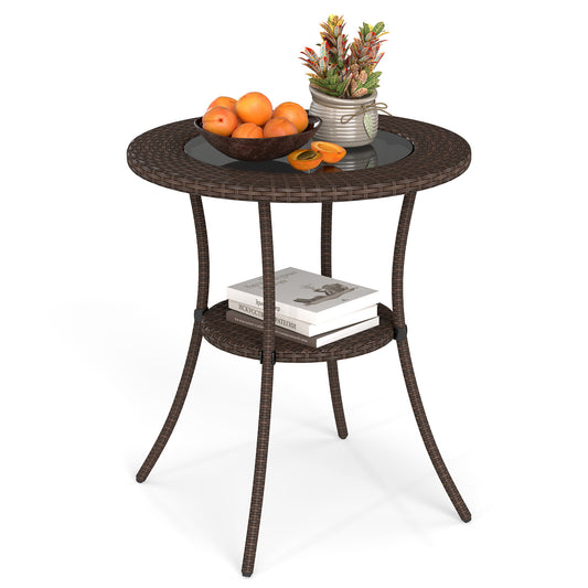 Round PE Wicker Bistro Table with Glass Top & Shelf