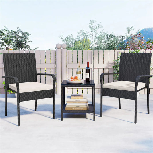 3-Piece PE Wicker Bistro Set with 2-Tier Glass Side Table, White