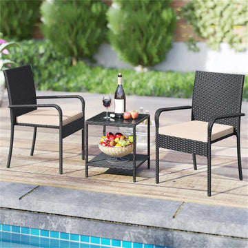 3-Piece PE Wicker Bistro Set with Glass 2-Tier Side Table, Beige