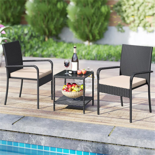 3-Piece PE Wicker Bistro Set with Glass 2-Tier Side Table, Beige