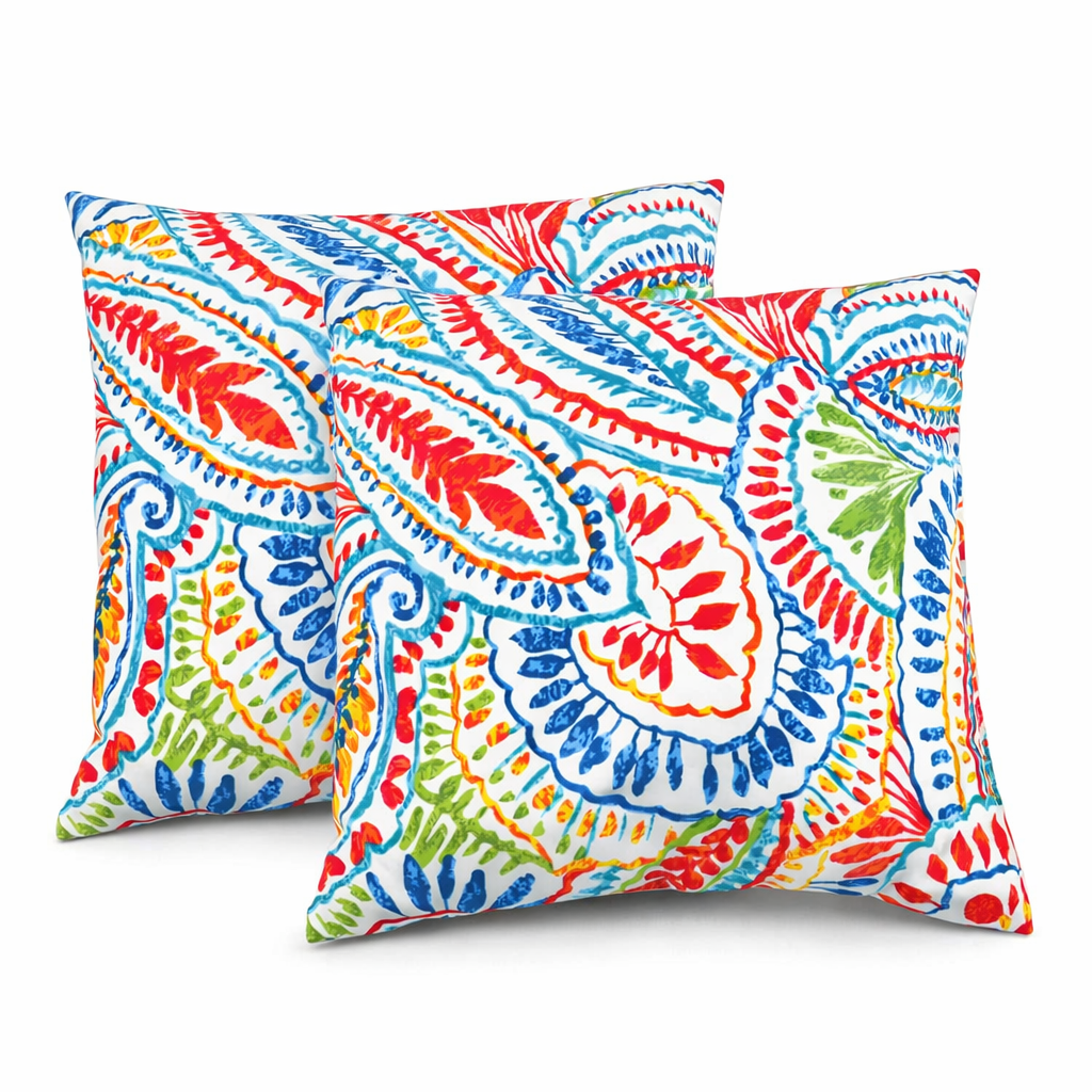 2 Pack Outdoor Throw Pillows, Waterproof & Fade-Resistant Patio Cushions For Garden, Porch, Poolside Furniture - Soft & Comfortable Decorative Pillow Covers 18x18 Inch, Paisley Multi