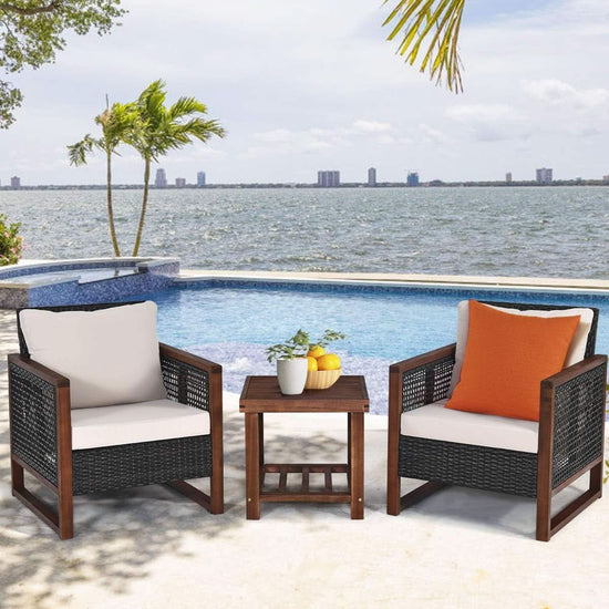 3 Piece Patio Wicker Furniture Set With Beige Washable Cushions And Acacia Wood Coffee Table-3