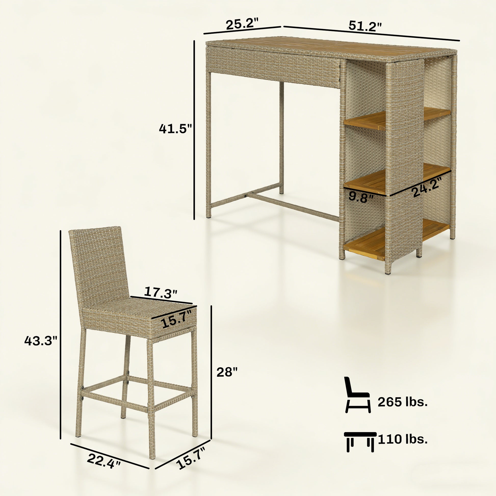 Wicker Bar Set — 5-piece with slatted acacia bar table and four cushioned wicker barstools