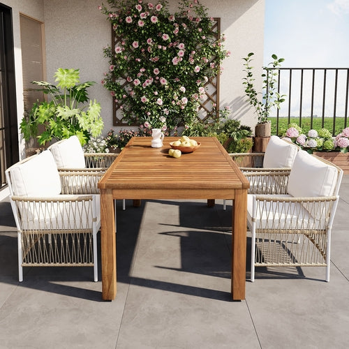 Acacia Outdoor Dining Set — 5-piece with 67-inch acacia wood table and four cushioned rattan chairs
