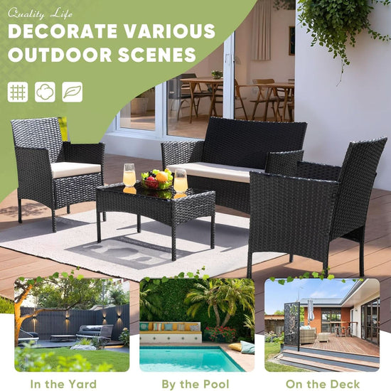 Patio Furniture Four Piece Conversation Set Black Beige-1