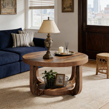 Two-Tier Round Side Table in Rustic Brown
