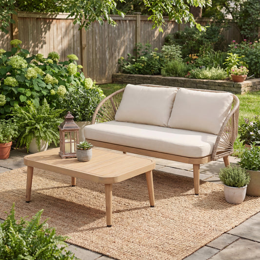 Acacia Curved Tub Loveseat & Slatted Coffee Table Set