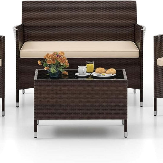 4-Piece Outdoor Rattan Conversation Set with Cushions-0