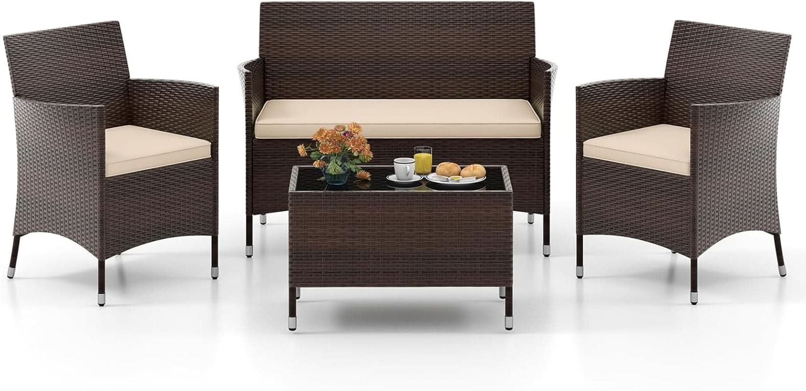 4-Piece Outdoor Rattan Conversation Set with Cushions-0