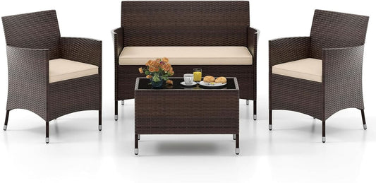 4-Piece Outdoor Rattan Conversation Set with Cushions-0