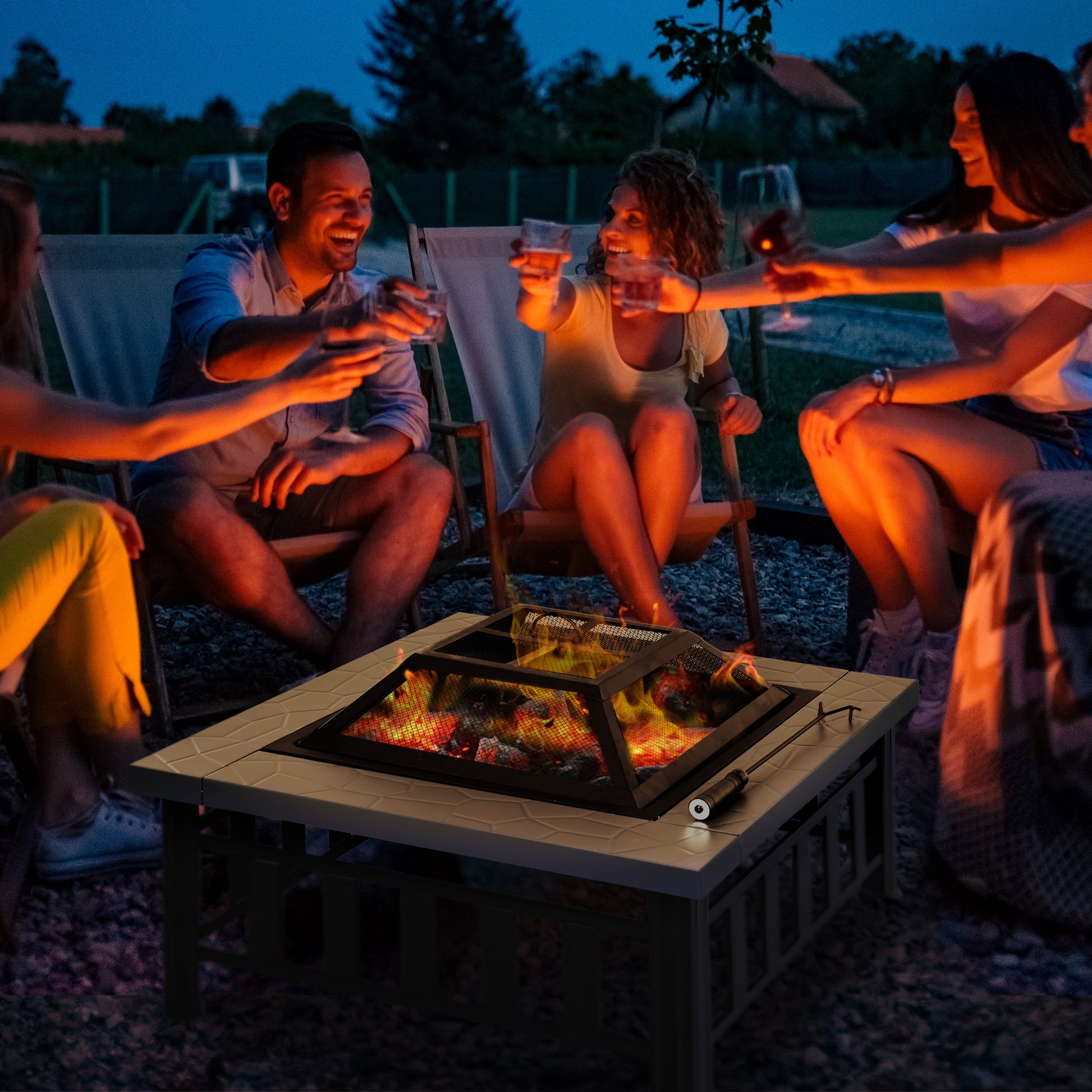 Square Steel Fire Pit — 34" Wood-Burning with Spark Screen & Cover
