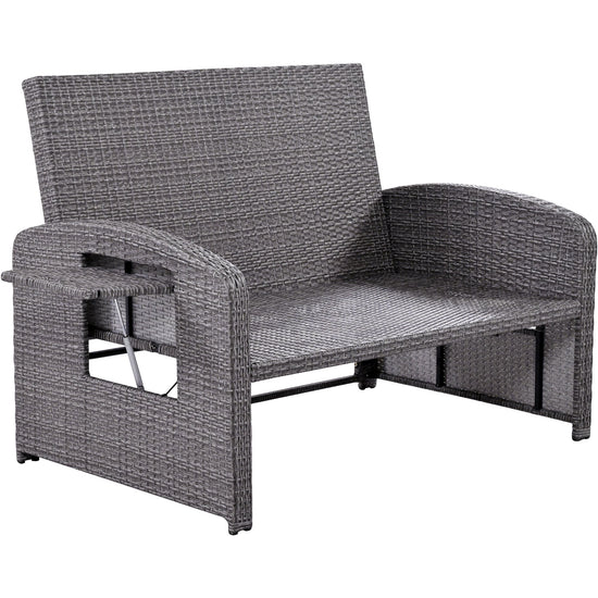Wicker Double Chaise Lounge — two-person reclining wicker loungers with cushions and middle table