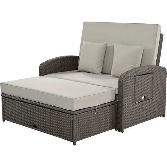 Wicker Double Chaise Lounge — two-person reclining wicker loungers with cushions and middle table
