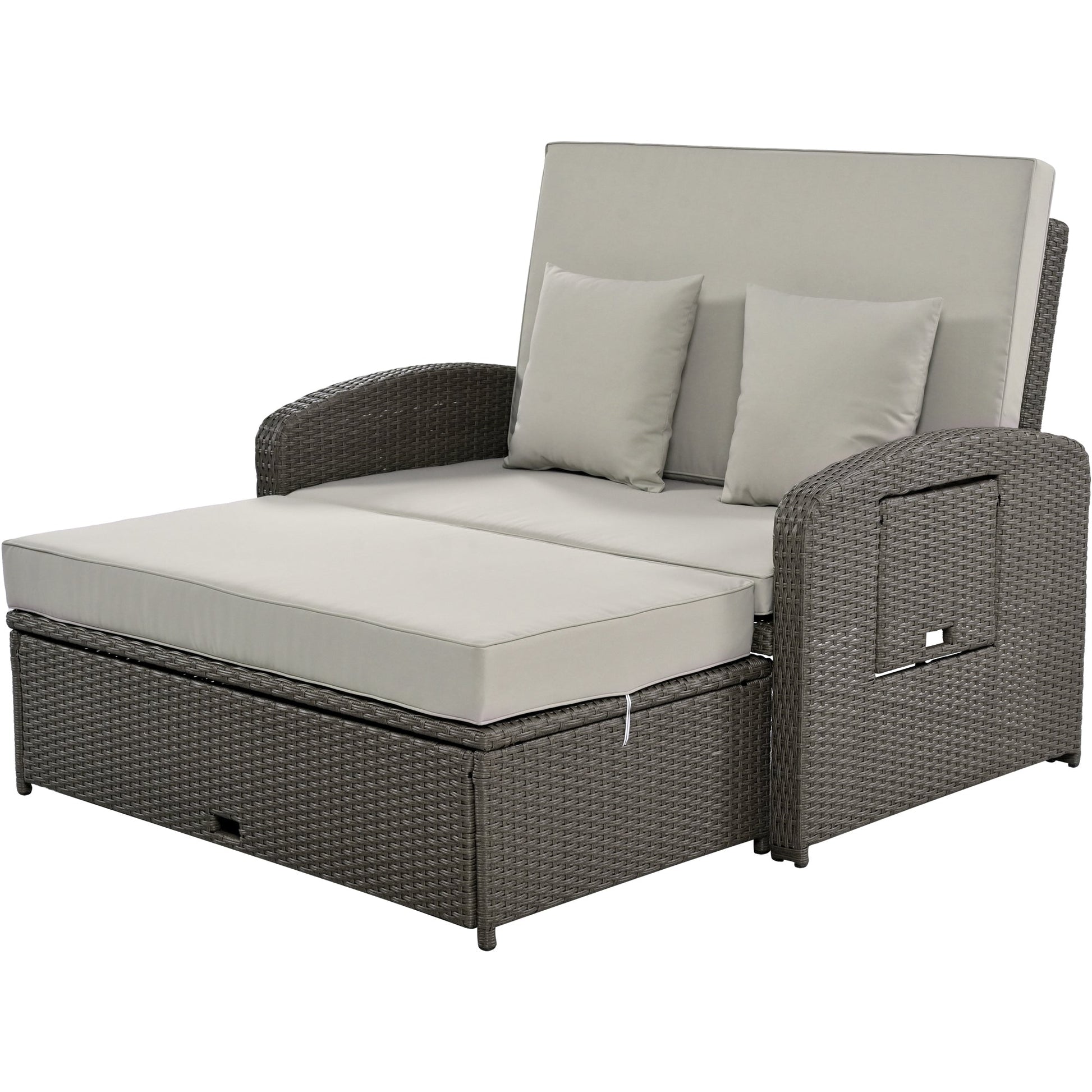 Wicker Double Chaise Lounge — two-person reclining wicker loungers with cushions and middle table