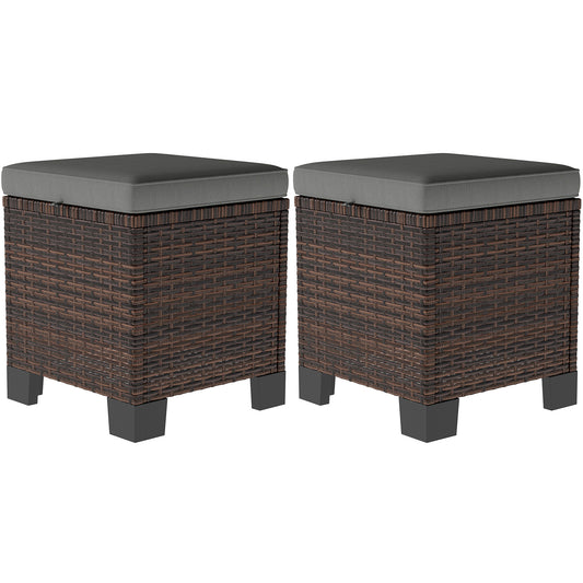 2-Piece Wicker Outdoor Ottomans with Cushions