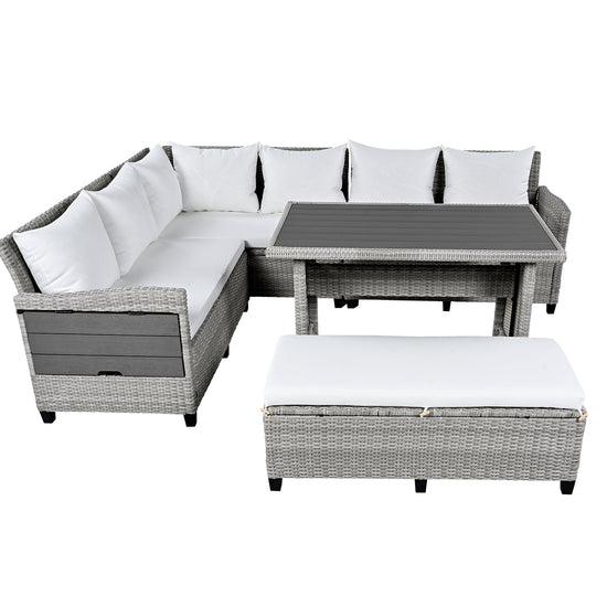 Rattan L-Shaped Patio Sectional — 5-piece outdoor wicker sectional sofa set with cushions